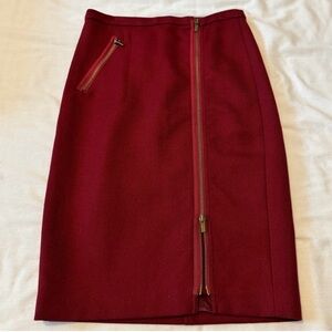 EUC. J Crew Asymmetrical Zip Pencil Skirt in Wool, Size 12 in Bordeaux.